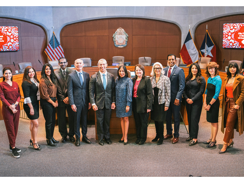 Representing the School of Dentistry at the San Antonio City Council meeting on February 15, 2024, are, from left, XXX, dental public health resident; Vanessa Borrego, executive assistant to the dean; Lydia Leos, B.B.A. associate dean for administration; Brij Singh, PhD, associate dean for research; Peter M. Loomer, BSc, DDS, PhD, MBA, dean School of Dentistry; Mayor Ron Nirenberg; Adriana Rocha Garcia, PhD, City Councilwoman District 4; Juanita Lozano-Pineda, DDS, MPH, associate dean for external affairs; 