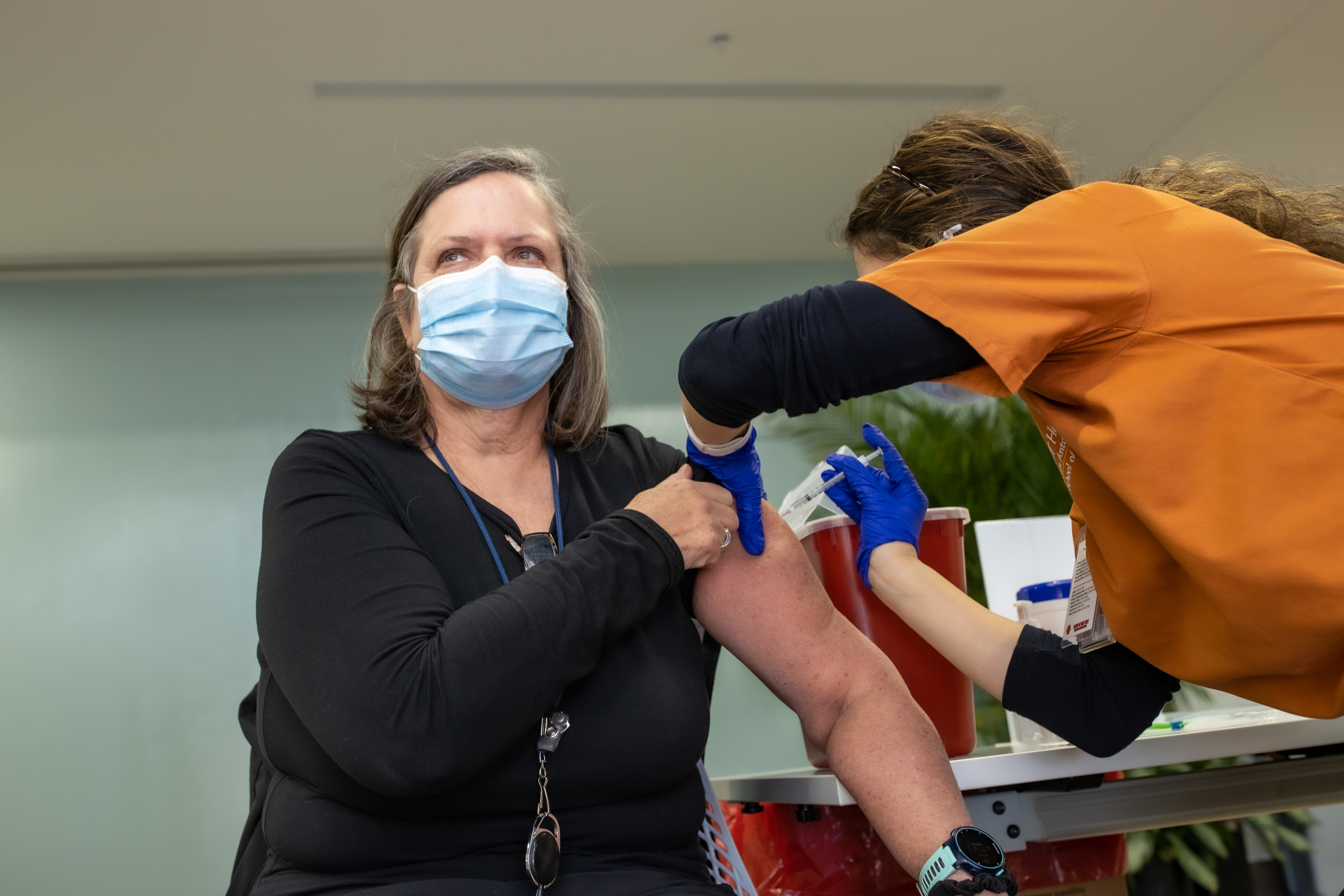 Dr. Jan Patterson, Professor of Internal Medicine (Infectious Diseases) and Pathology and Associate Dean for Quality & Lifelong Learning receives the Pfizer COVID-19 vaccine. "Crying tears of joy for the beginning of the end of this terrible pandemic," she said after recieving the vaccine.