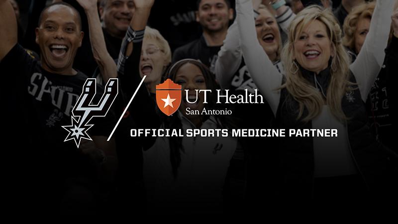 a graphic of a crowd cheering with the spurs and UT Health San Antonio logos