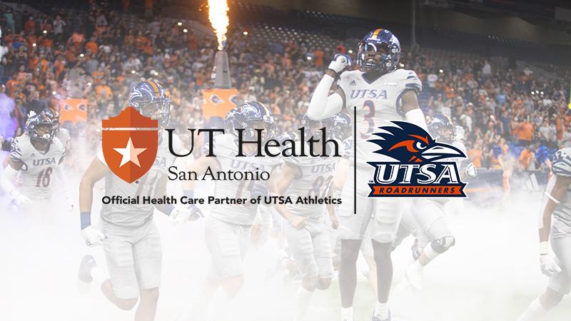 A graphic of a football player celebrating with the UT Health San Antonio and UTSA logos