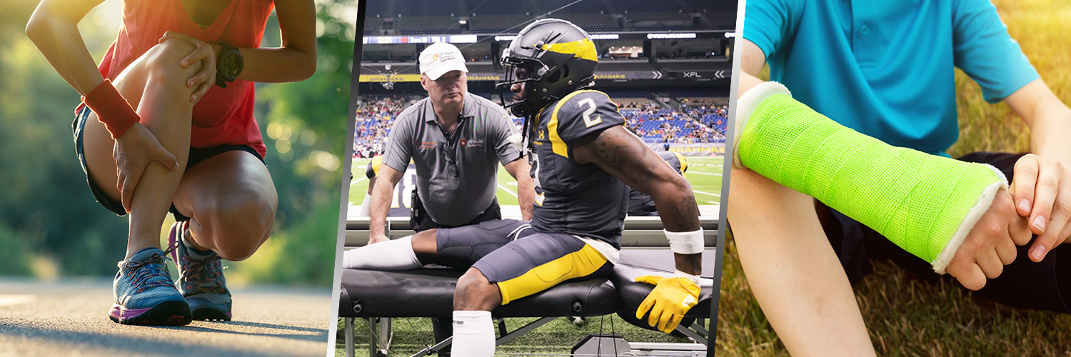 A collage of sports medicine doctors treating athletes.