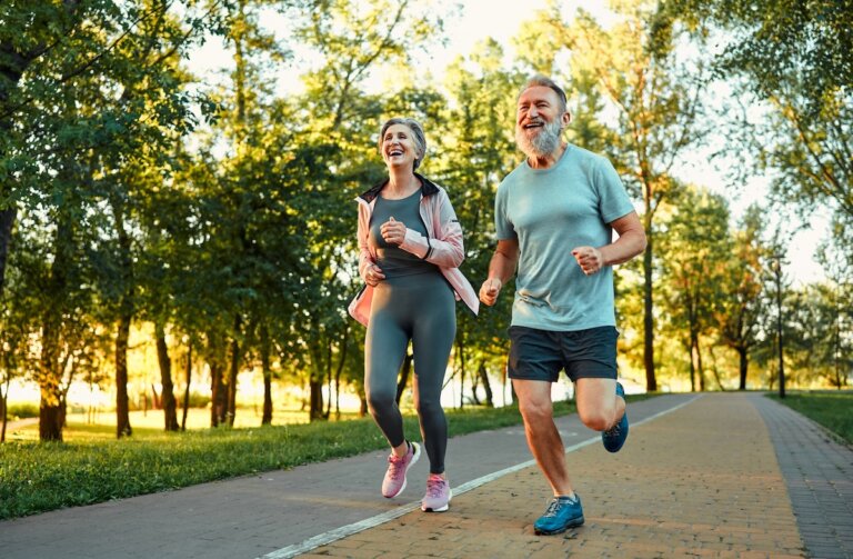 Couple running outside