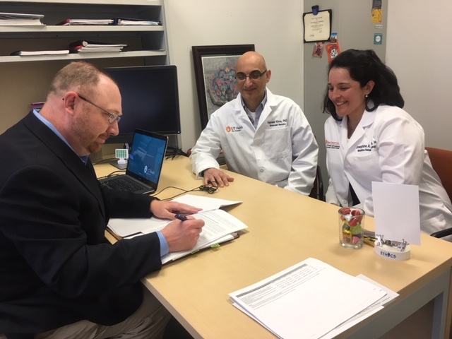 Chris Green, CPA, met with Josephine A. Taverna, M.D. and Nameer Kirma, Ph.D. to discuss the research sponsored agreement