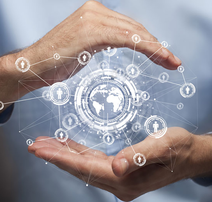 researcher holding a globe connected to partnerships 