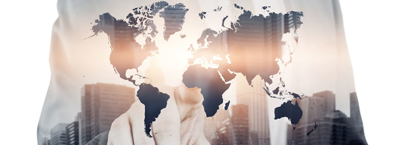 double exposure of a researcher pointing at the world