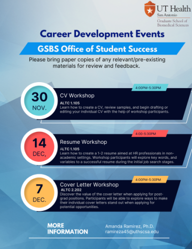 "Career Development Events", "GSBS Office of Student Success", "Please bring paper copies of any relevant/pre-existing materials for review and feedback", "Dec 14, 4:00pm - 5:30pm, ALTC 1.105, Resume Workshop, Learn how to create a 1-2 resume aimed at HR professionals in non-academic settings. Workshop participants will explore key words, and variables to a successful resume during the initial job search stages."