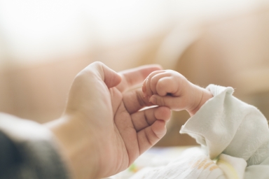 Parent and baby holding hands